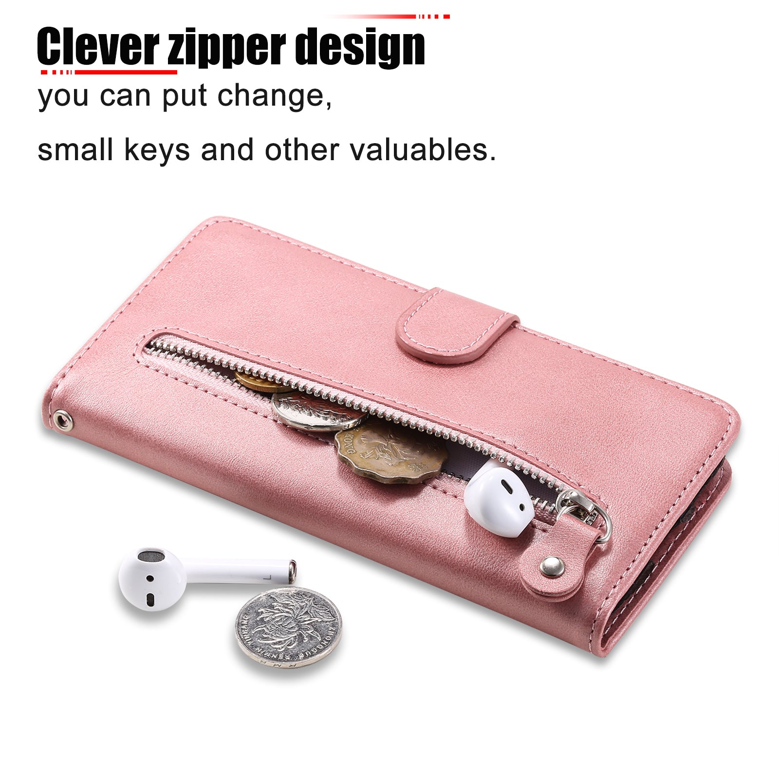 Uniqkart for iPhone 15 Pro Max Anti-Scratch Calf Texture Phone Case Zipper Pocket Wallet Foldable Stand Cover - Pink Uniqkart for iPhone 15 Pro Max Anti-Scratch Calf Texture Phone Case Zipper Pocket Wallet Foldable Stand Cover - Pink